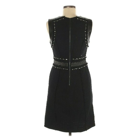 Rebecca Taylor Dress Black Tweed Studded Sleeveless Lamb Leather Fray - Picture 3 of 12